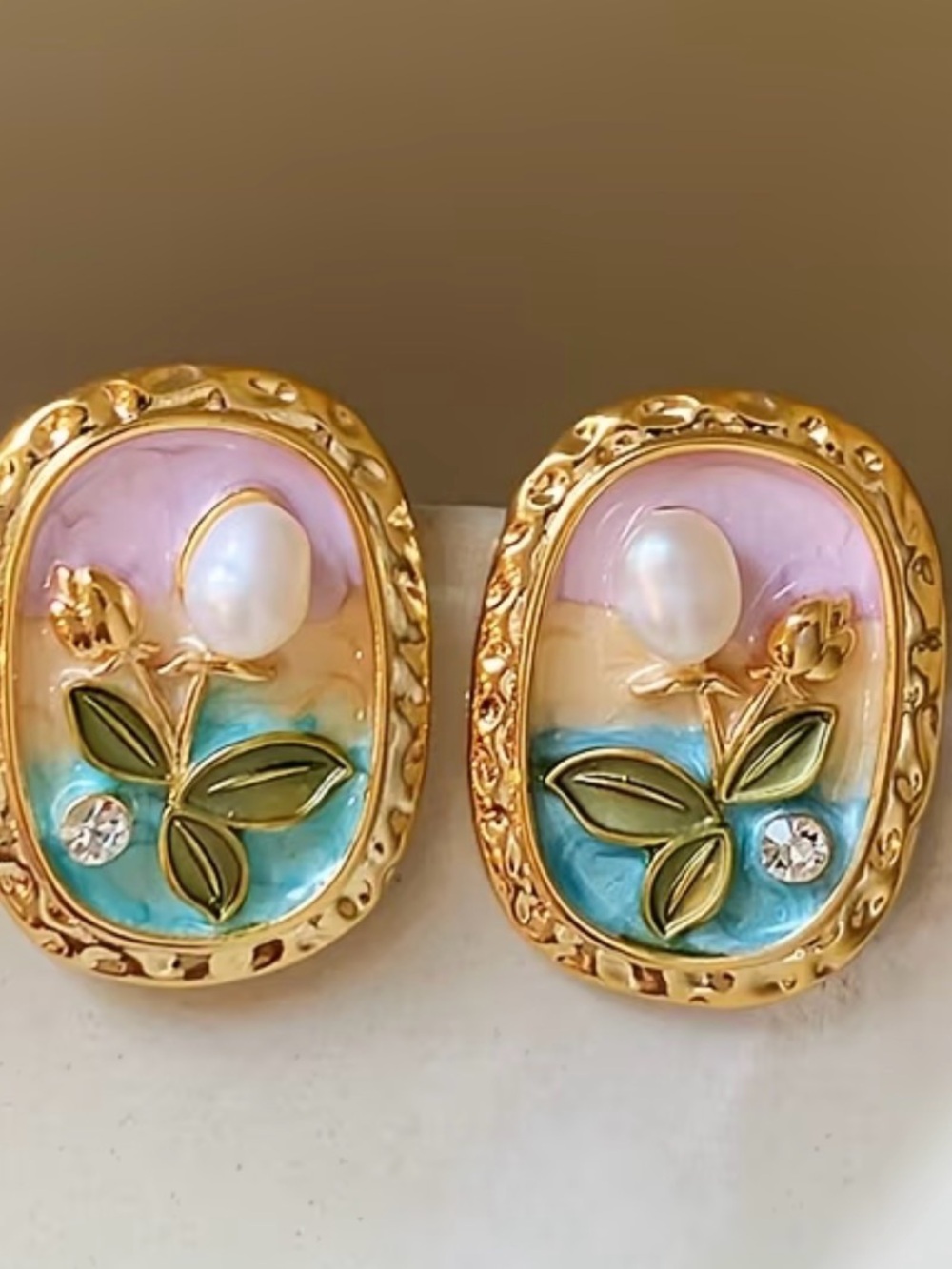 Gold Floral Pearl Accent Earrings in Pink and Blue